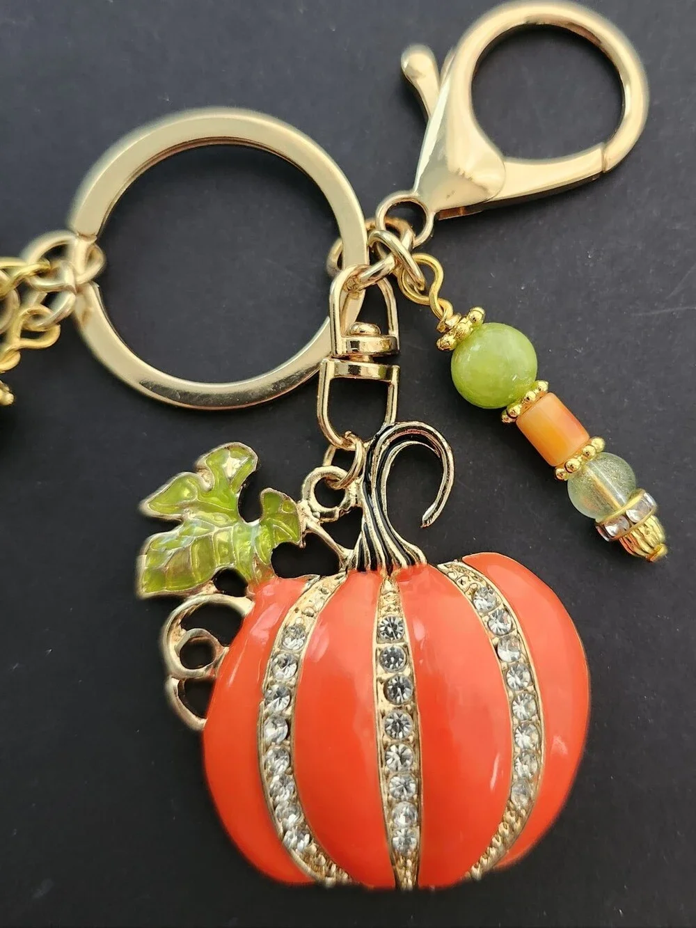 Pumpkin Bag Charm or Keychain Rhinestone Jade Agate Carnelian Handcrafted